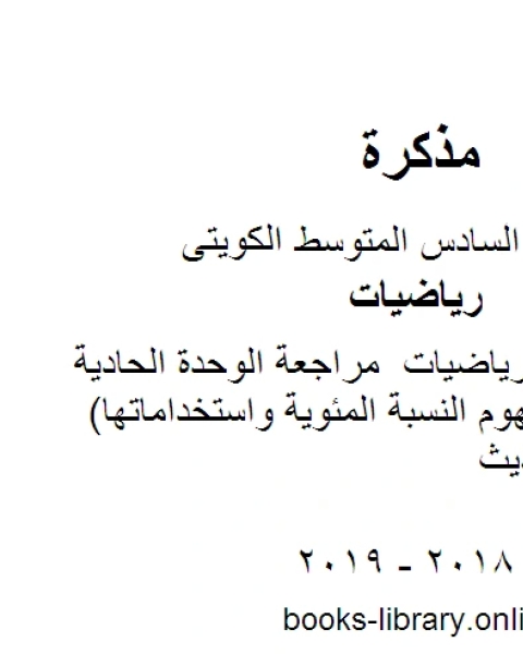 الصف السادس رياضيات مراجعة الوحدة الحادية عشر ادراك مفهوم النسبة المئوية واستخداماتها منهاج كويتي حديث