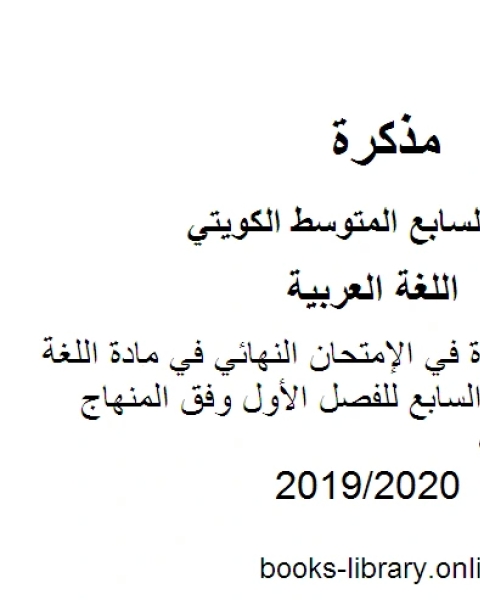 الكفايات المقررة في الإمتحان النهائي في مادة اللغة العربية للصف السابع للفصل الأول وفق المنهاج الكويتي الحديث