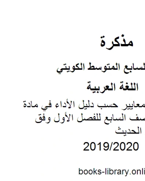 ترتيب أنشطة المعايير حسب دليل الأداء في مادة اللغة العربية للصف السابع للفصل الأول وفق المنهاج الكويتي الحديث