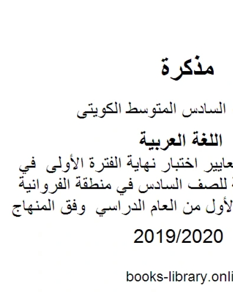 مراجعة شاملة لمعايير اختبار نهاية الفترة الأولى في مادة اللغة العربية للصف السادس في منطقة الفروانية التعليمية للفصل الأول من العام الدراسي وفق المنهاج الكويتي الحديث