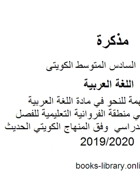 ملخص قواعد مهمة للنحو في مادة اللغة العربية للصف السادس في منطقة الفروانية التعليمية للفصل الأول من العام الدراسي وفق المنهاج الكويتي الحديث