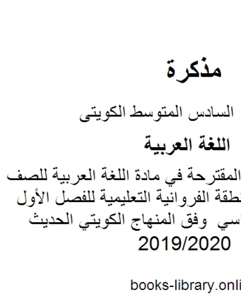 الموضوعات المقترحة في مادة اللغة العربية للصف السادس في منطقة الفروانية التعليمية للفصل الأول من العام الدراسي وفق المنهاج الكويتي الحديث