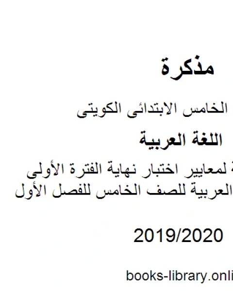 مراجعة شاملة لمعايير اختبار نهاية الفترة الأولى في مادة اللغة العربية للصف الخامس للفصل الأول وفق المنهاج الكويتي الحديث